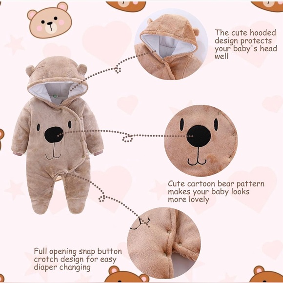 Cartoon Bear Snowsuit Infant Jumpsuit Footed Coveralls 12 months NWT Unisex - Picture 4 of 8